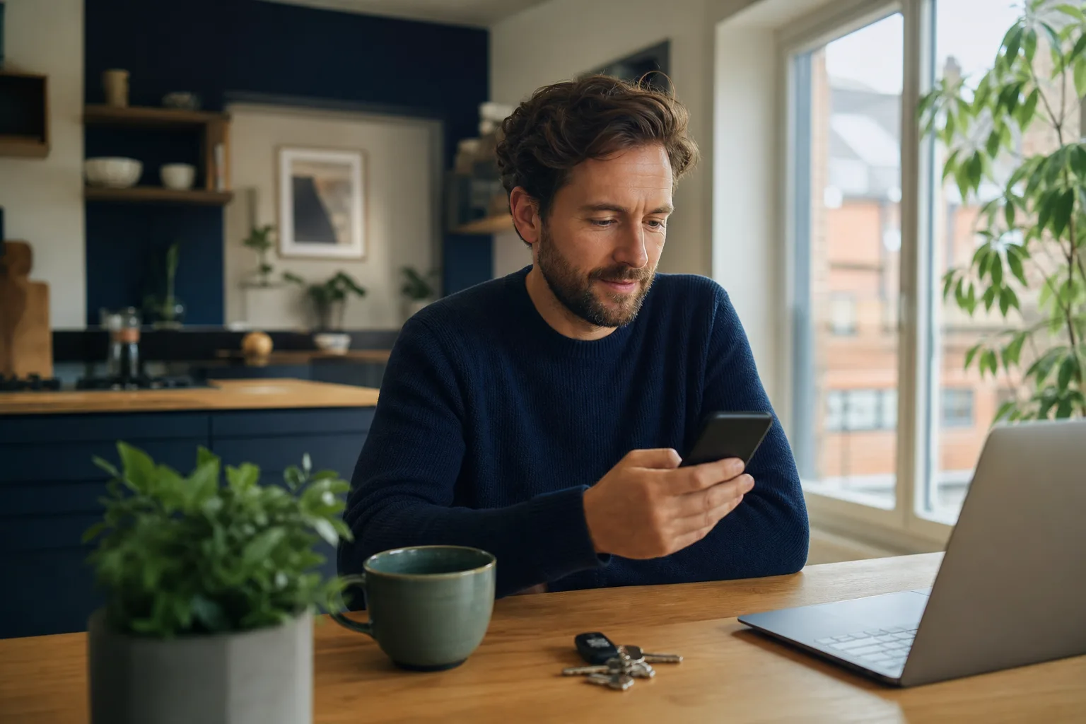 UK tenant checking landlord reviews and a landlord score on a phone at home